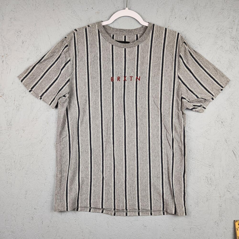 Brixton Shirt Mens Large Gray Black Striped Crewneck Short Sleeve BRXTN Logo Tee